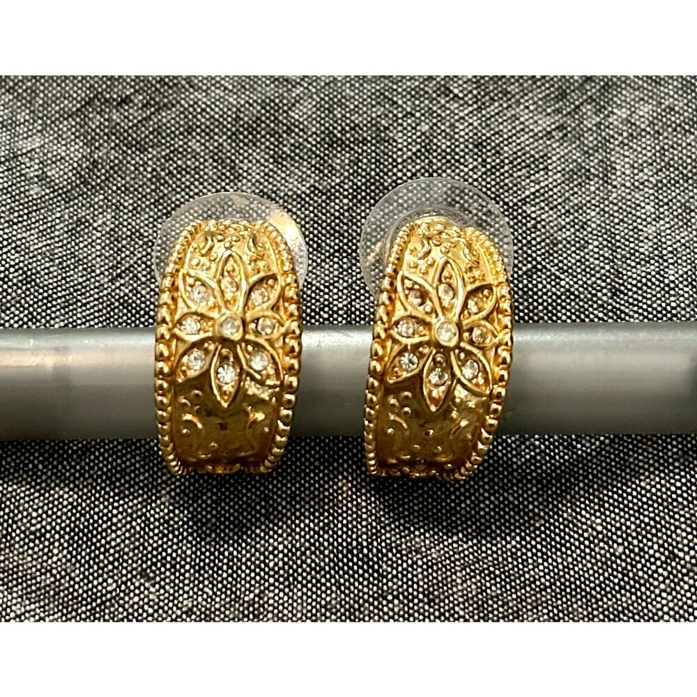 Vintage ROMAN Goldtone Earrings half dome with tiny clear rhinestone